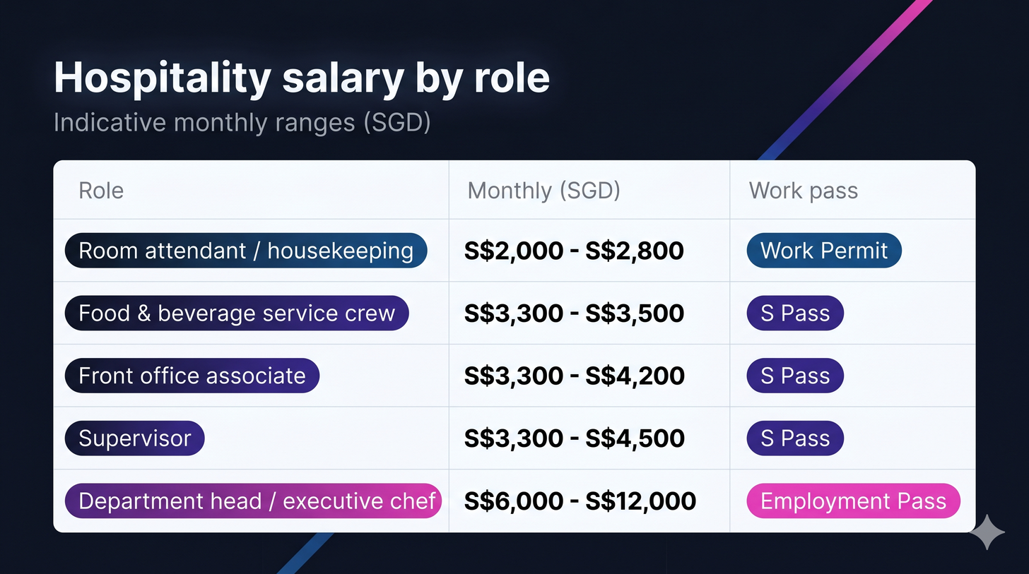 Monthly salary ranges for Filipino hospitality roles in Singapore, from room attendant to executive chef, with the matching work pass