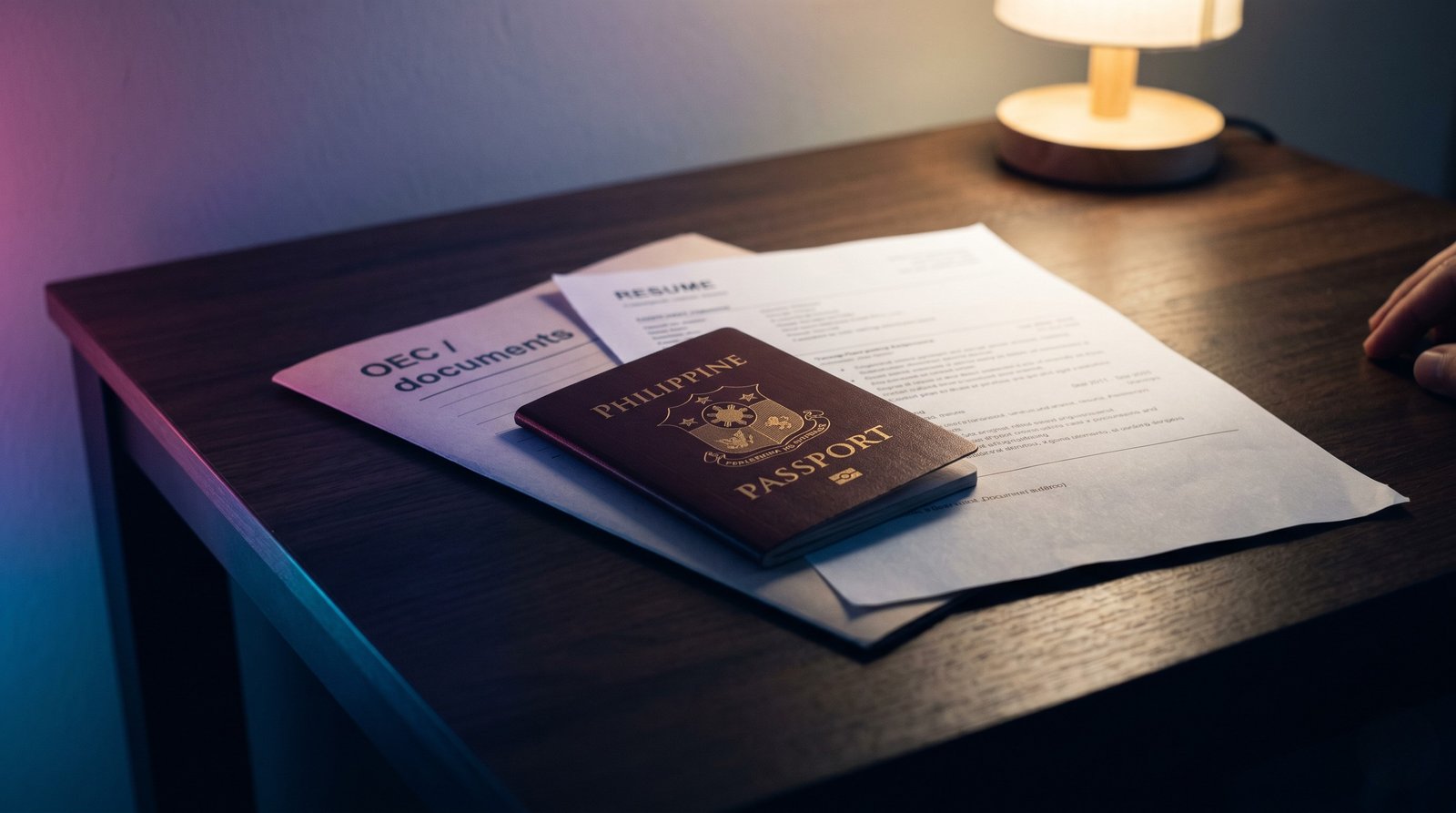 A Filipino passport, printed resume, and OEC folder laid out on a dark table, ready before a Singapore job offer lands